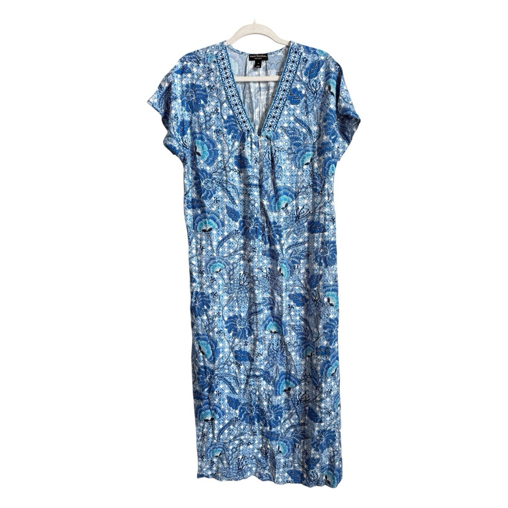 Miss Elaine Relax Dress M Blue Floral Botanical V Neck Rayon Maxi Lounge Boho